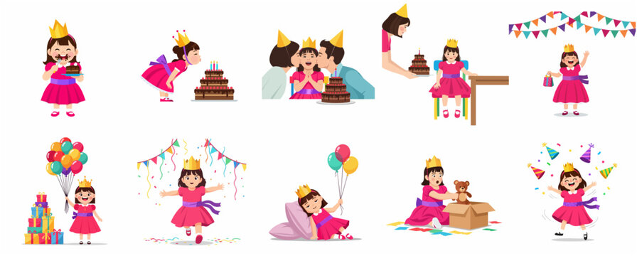 Cute little girl celebrating birthday party set of illustrations, princess theme with cake and balloons