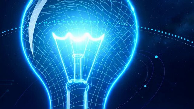 Futuristic glowing light bulb with orbiting particles emerging from high tech background innovation concept