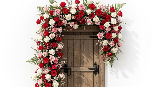 Romantic Rose Archway Adorns Rustic Wooden Door