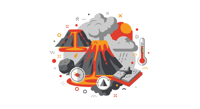 Volcanic Eruption and Natural Disaster Concept Illustration with Lava, Smoke, Seismic Activity Icons and Global Warming Elements