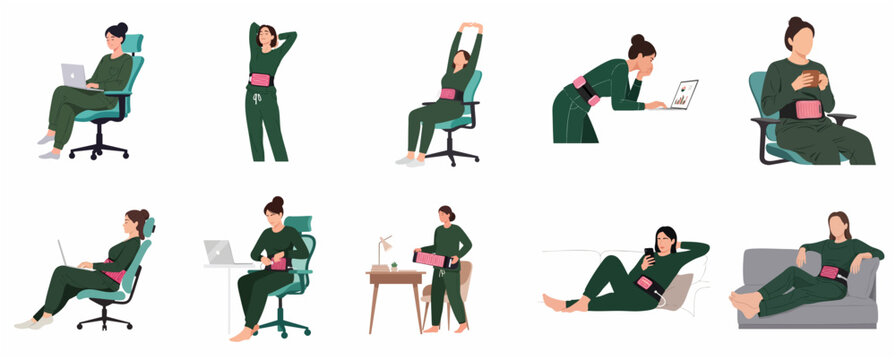 Woman using portable menstrual heating pad belt for period pain relief in daily life activities vector illustration set