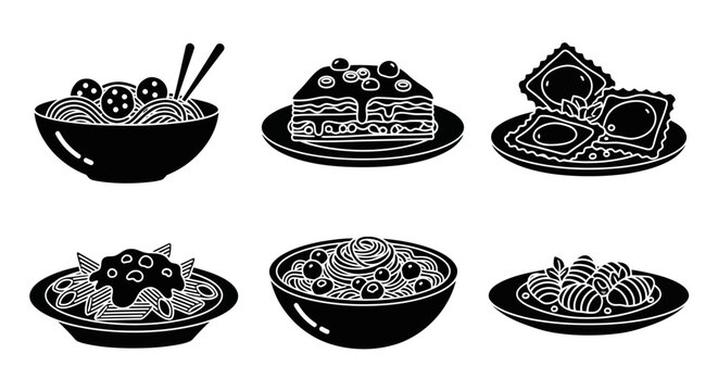 Black and White Food Icons: Noodles, Pasta, Ravioli, Cake, Dumplings