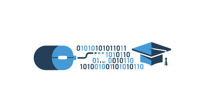E-Learning Concept with Computer Mouse and Graduation Cap Connected by Binary Code - Online Education and Digital Technology Illustration