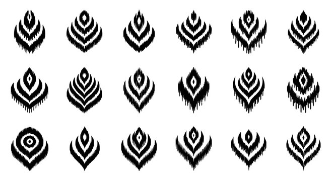 Black Ikat Pattern Elements Set, Tribal Boho Abstract Decorative Shapes, Textile Design