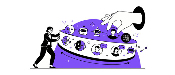 Obraz premium Human Resource AI Hiring Selection Woman Rotating Carousel of Human and Robot Avatars with Giant Hand Picking Selected Candidate, Modern Tech Talent Recruitment Concept Flat Vector Illustration Graphi