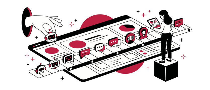 Customer service chatbot automation vector optimizing digital user experience workflow with data analysis interface representation of modern business tech integration in clean isometric vector design.