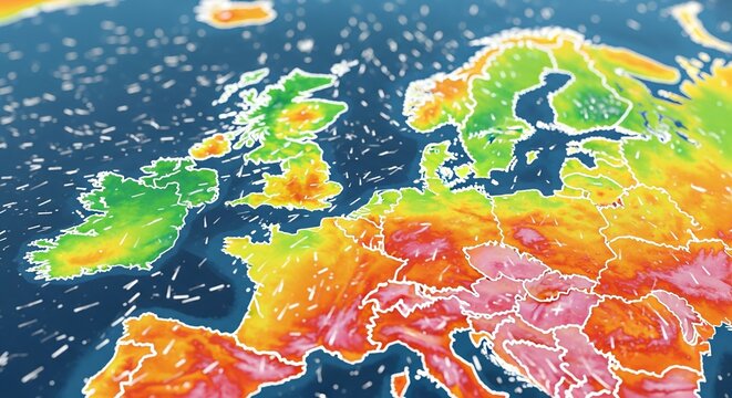 Global Weather Map Showing Temperature Distribution Across Europe with Wind Patterns and Atmospheric