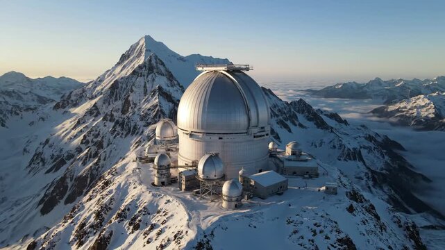 A Colossal Observatory Dome Perched Atop a Snow-Covered Mountain Peak Under a Clear Sky