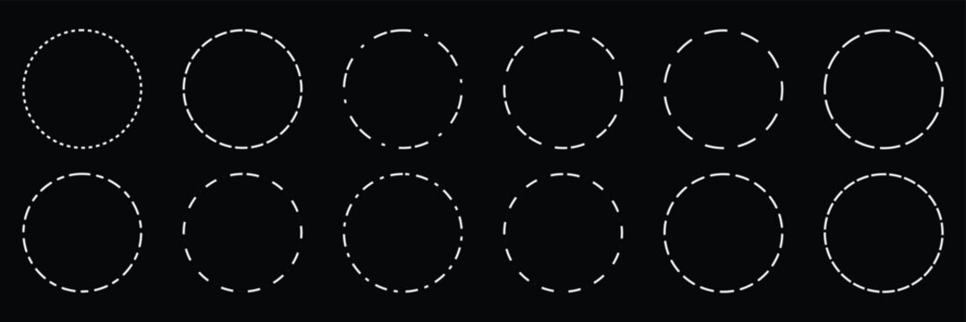 Dotted circle outline. Circle dot line set. Dashed circle icon. Abstract doted circles element. Dotted round lines. Simple dashed circle set isolated. EPS 10 .