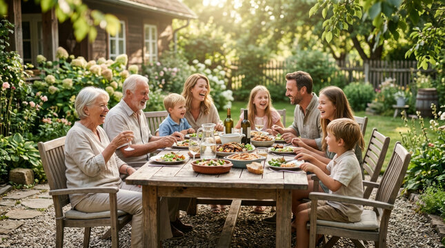 A joyful family gathering in a lush garden, featuring a multigenerational group enjoying a meal together.