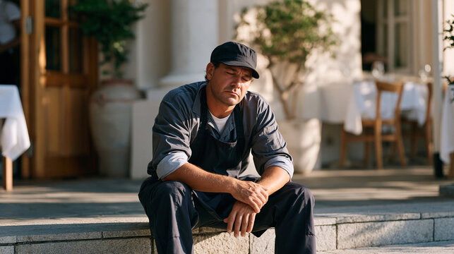 Exhausted shift worker in food service uniform sits outside on restaurant steps under harsh midday sun, break time occupational mental health burnout service industry worker depression awareness dai