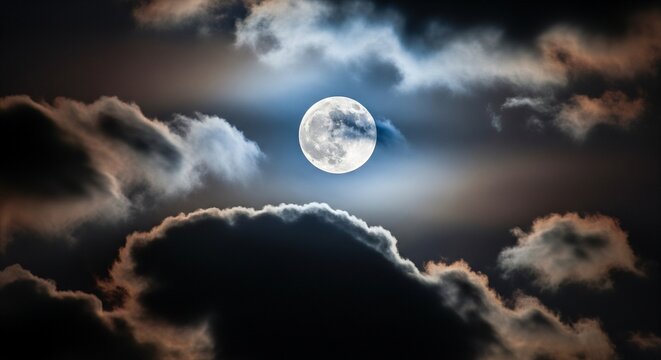 Full moon shining through dramatic, dark, and moody clouds in the night sky, creating an ethereal