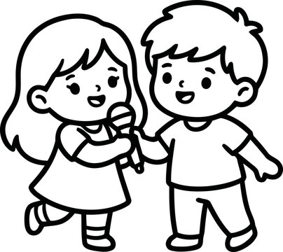 Cute cartoon kids singing together with microphone, happy children duet performance