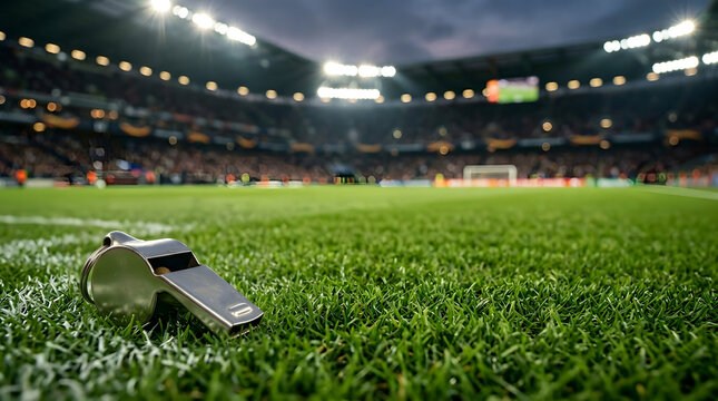 Referee Metal Whistle on Soccer Field Grass at Night Stadium with Bright Floodlights Background for Sports Game Start and Fair Play Concepts