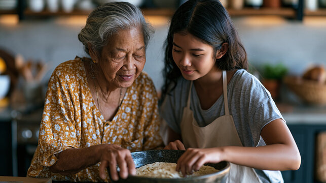 Elderly Vietnamese grandmother teaches teenage granddaughter traditional cooking technique in modern kitchen on quiet July Sunday, intergenerational knowledge transfer, family heritage, cultural cui