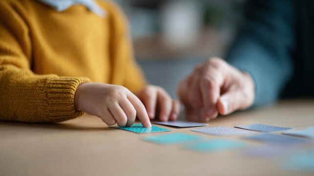 Child and adult playing memory card game