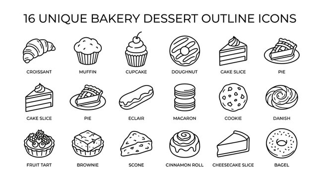 Bakery dessert icons set outline style.