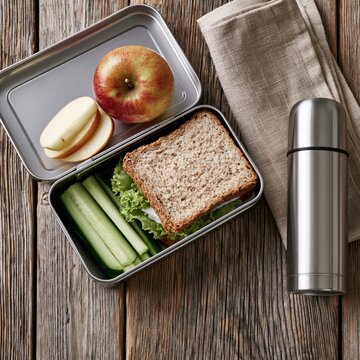 Ge&ouml;ffnete Bento-Lunchbox aus Metall mit gesundem Sandwich, Apfelscheiben und frischen Snacks