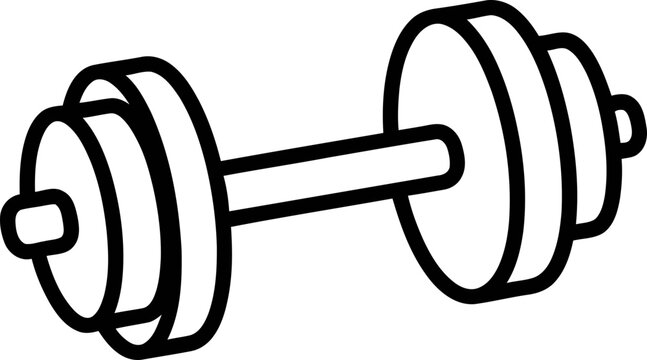 Simple black and white outline drawing of a single dumbbell, isolated on white background.