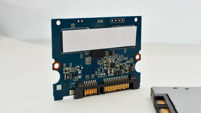 Close-up of an SSD circuit board, showcasing the complexity and precision of modern storage technology.