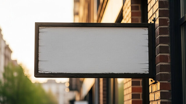 Blank Wooden Signboard Hanging on Brick Building Facade