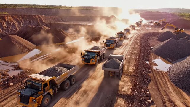 A fleet of yellow dump trucks transports gravel through a dusty quarry under bright sunlight, showcasing industrial operations.