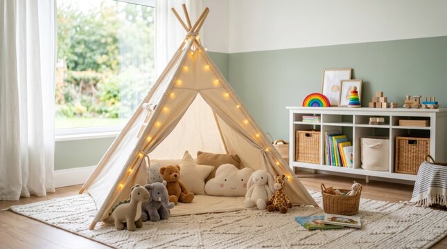 Cozy children's play area featuring a teepee with plush toys, warm lighting, and a bright, inviting atmosphere.