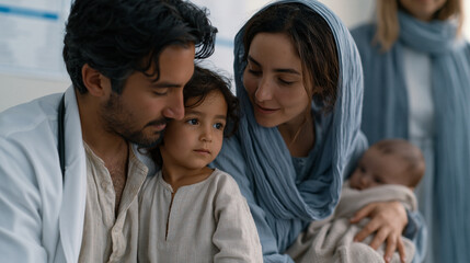 Fototapeta premium Afghani refugee family at clinical immigration medical exam room, pediatrician examining young child while mother holds infant, interpreter standing to side, wall charts multilingual, sterile clinic