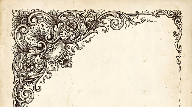 Elegant hand drawn vintage ornate frame corner with intricate floral scrollwork design