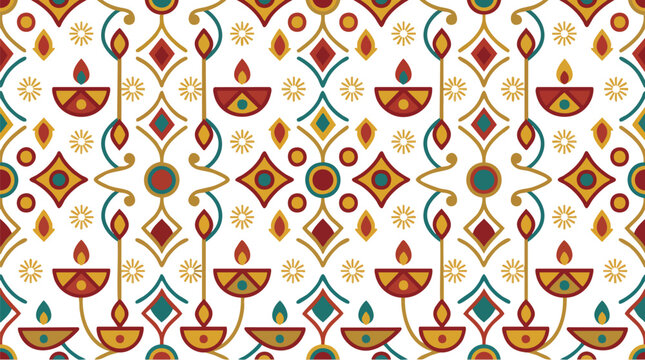 Vibrant Diwali lamp pattern with intricate Indian designs and colorful motifs on white background