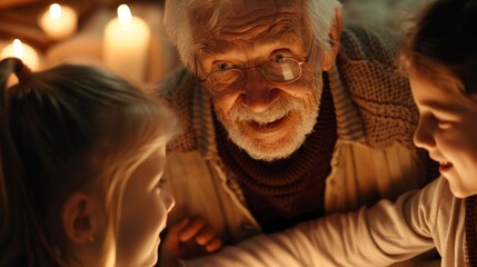 Obraz premium Warm candlelight bathes a grandfather and two children. Grandfather smiles kindly, eyes filled with love and wisdom. Children lean close, captivated by his gentle gaze. Soft glow creates a cozy