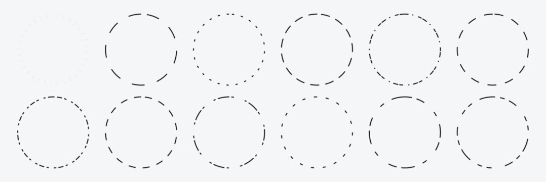 Dotted circle outline. Circle dot line set. Dashed circle icon. Abstract doted circles element. Dotted round lines. Simple dashed circle set isolated. EPS 10 .