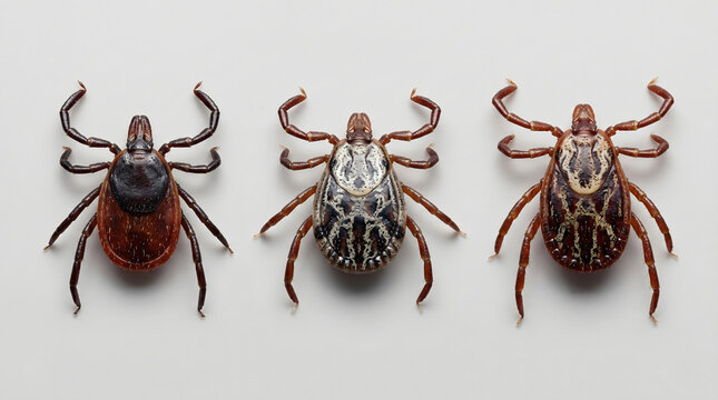 Three different types of ticks macro shot isolated on a light gray background
