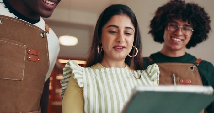 Team, applause or success in cafe with tablet, good review or development in small business. Fist pump, happy people or employees in diner with tech for opportunity, achievement or customer feedback.