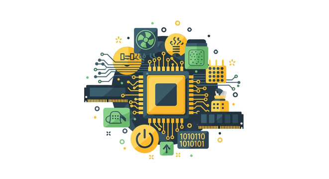 Flat Vector Illustration of a Computer Microchip and Electronic Components, Featuring CPU, RAM, Binary Code, and Cooling Fan Symbols on White