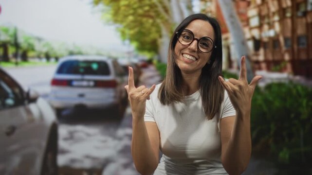 Young hispanic woman smiles, hands making rock horns gesture on a tree lined street with parked cars and buildings; joy confidence.