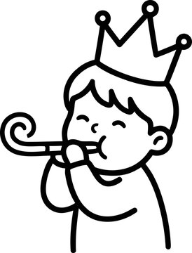 Joyful Child King Blowing Party Horn, Celebrating Birthday with Crown and Noise Maker