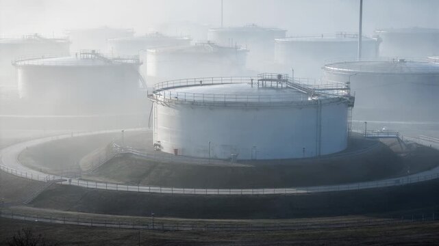 Light mist enveloping a tank farm with floating roofs in a medium shot capturing the soft silhouettes of large storage tanks and protective containment structures.