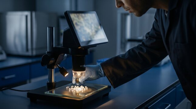 Gemologist examining loose diamonds under a digital microscope in dark laboratory, close-up of gemstone grading, authentication and quality control.