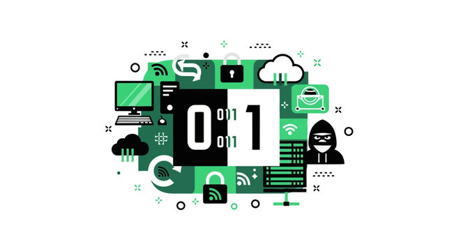 Cybersecurity and Data Protection Illustration with Binary Code, Hacker Figure, and Cloud Computing Icons