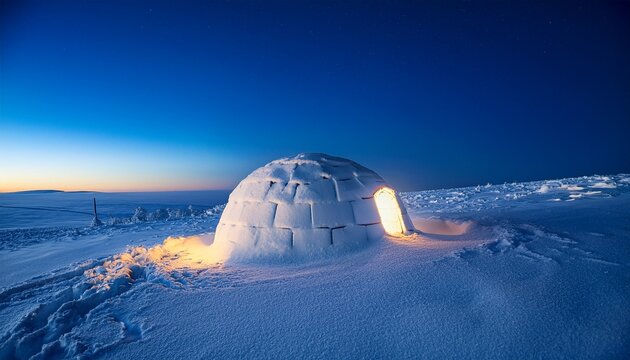 illuminated igloo on snowy landscape under blue sky