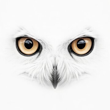A close up of a snowy owl's face with piercing yellow eyes on a stark white background detail shot