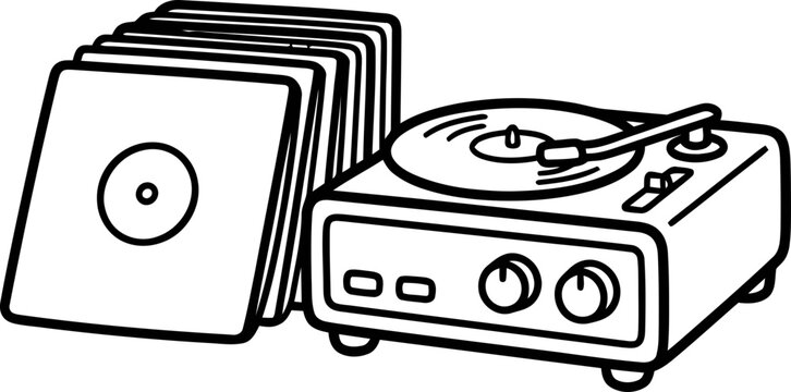 Vintage record player and vinyl album stack illustration