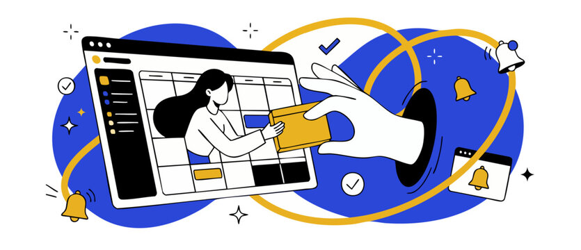 Project management workflow flat vector depicting digital task delegation, online calendar organization, handoff communication, and collaborative team productivity. Blue and yellow minimalist graphic.