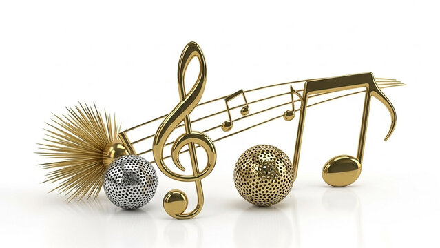 Golden Music Notes with Textured Spheres and Fan