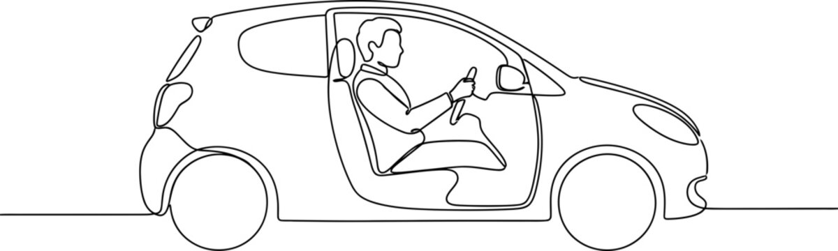 Continuous line drawing of a person driving a compact car, minimalist style