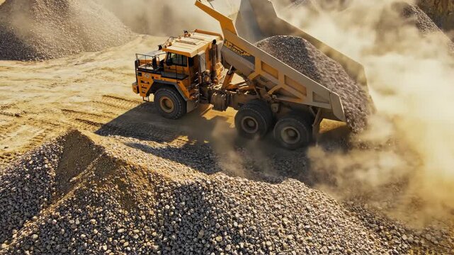 A large yellow dump truck unloading a massive pile of gravel at a construction site with dust clouds