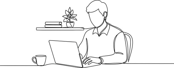 Minimalist line art of a person working on a laptop at a desk with coffee and books. © Iqbal