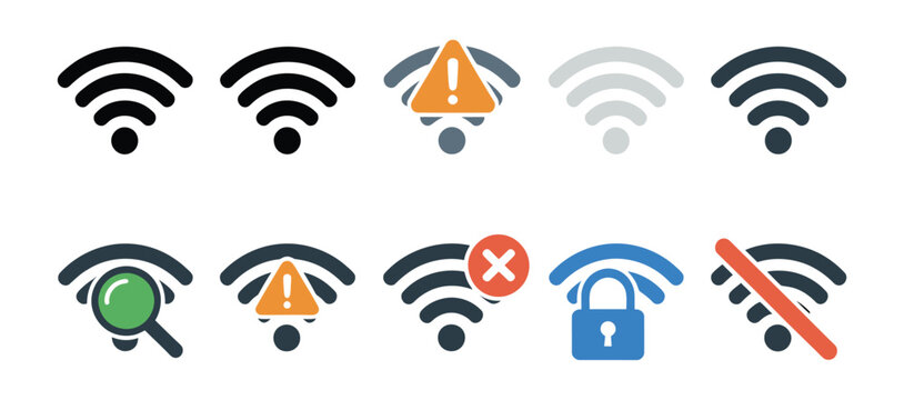 WiFi symbol and indicator icons featuring full, weak, error, security, and no connection status signals for network interface systems. Vector illustration.