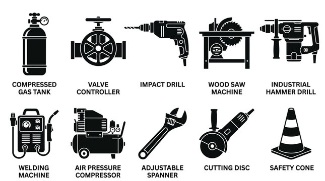 Geometric flat silhouette icon set of mechanical and industrial devices  compressed gas tank  valve controller  impact drill  wood saw machine  industrial hammer drill  welding machine  air pressure 